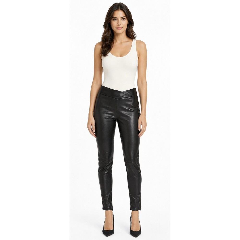 FRAME Overlap Waist Leather Pants Womens M Black Lambskin Skinny NWT $810